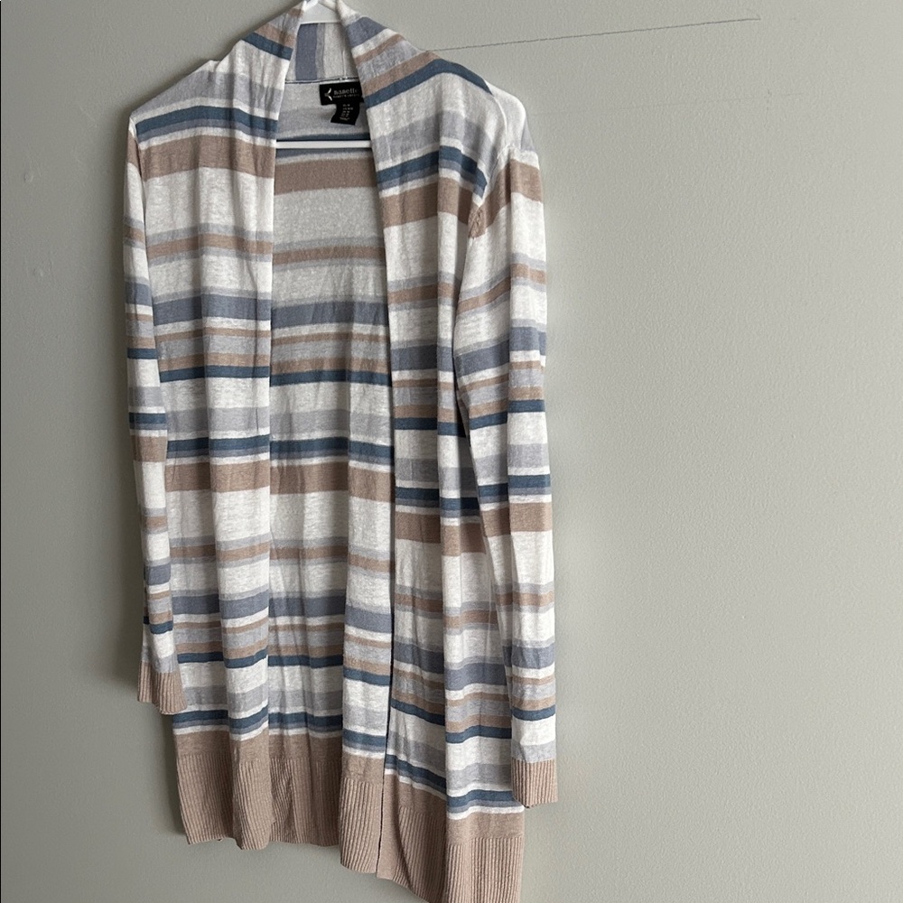 Nanette Lepore open Striped Cardigan in Blue and Tan. Med.
